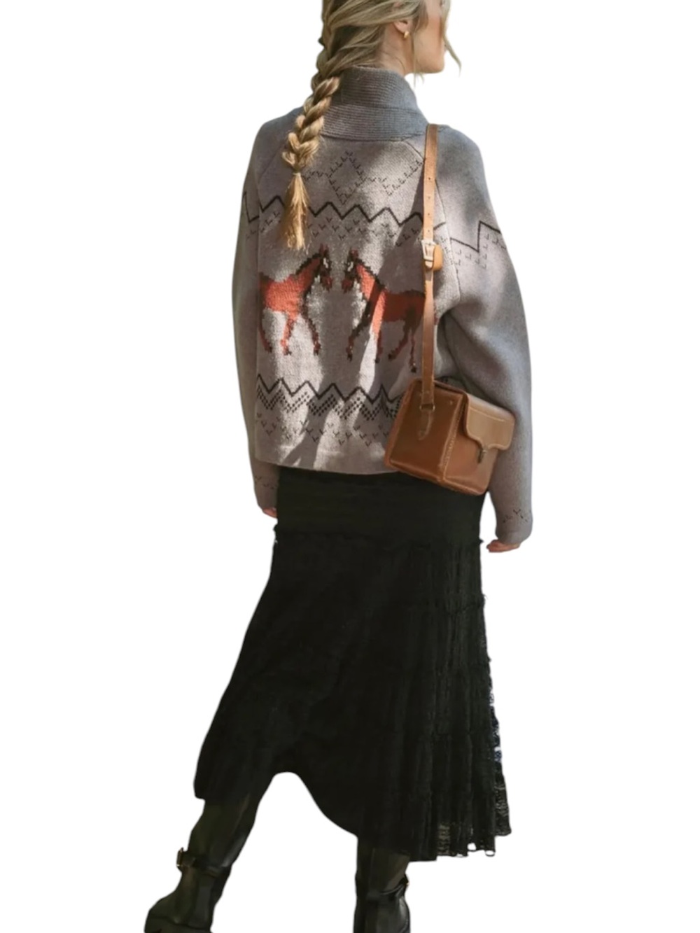 MERCI EQUESTRIAN GRAY HORSE MOTIF KNIT COTTAGECORE SWEATER CARDIGAN SZ LG